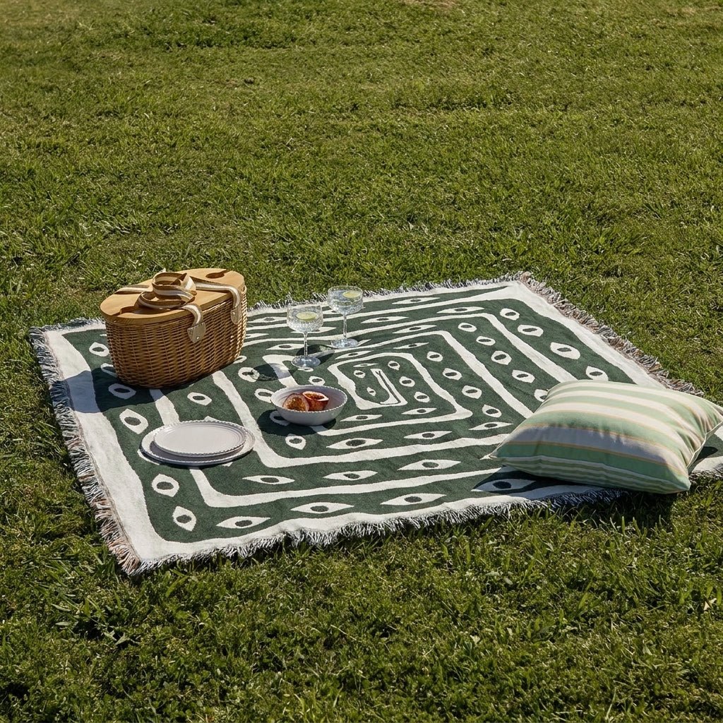 Fringed Edge Blanket Featuring Evil Eye Design in Woven Fabric